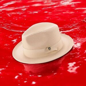 MONTIQUE MENS BEIGE WIDE BRIM PINCH FEDORA HAT W/ MATCHING GROSGRAIN RIBBON H42.